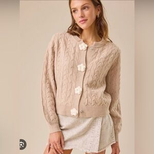 Altar'd State Beige Cable Knit Cardigan with Floral Accents